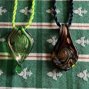 Pair of Glass Tear Drop Green Black with Copper Accent Pendants w Cord Necklaces